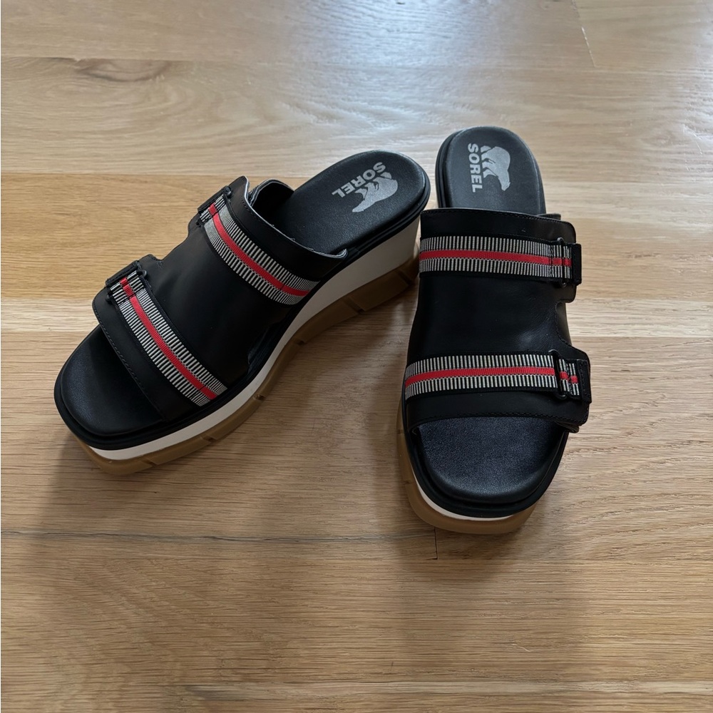 Sorel Joanie Black Platform Sandals with Red Stripes